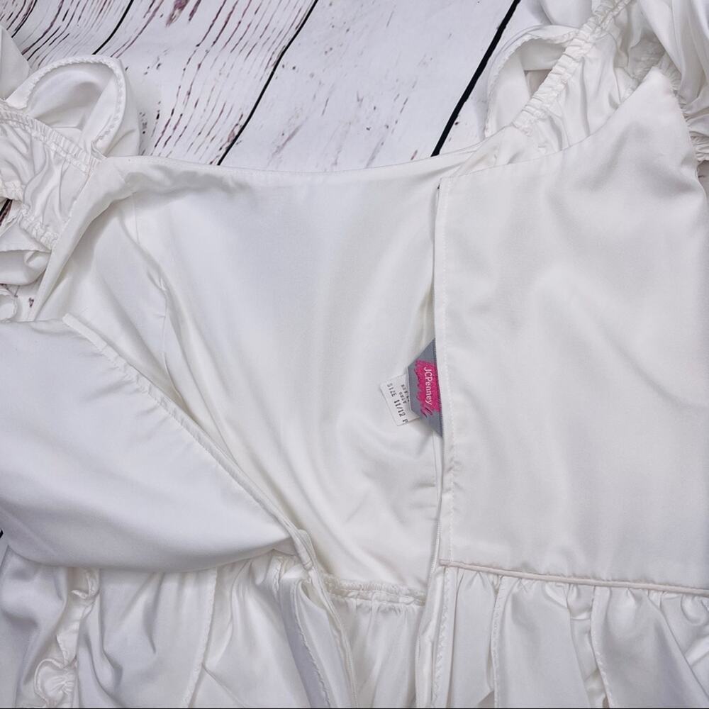 JCPenney Wedding Gown White tea length ruffled off shoulder - Picture 5 of 11